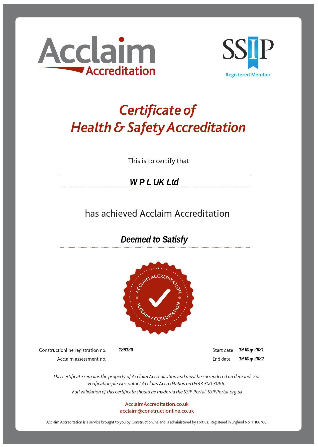 WPLUK SSIP Acclaim Accreditation Deem to Satisfy to 19th May 2022