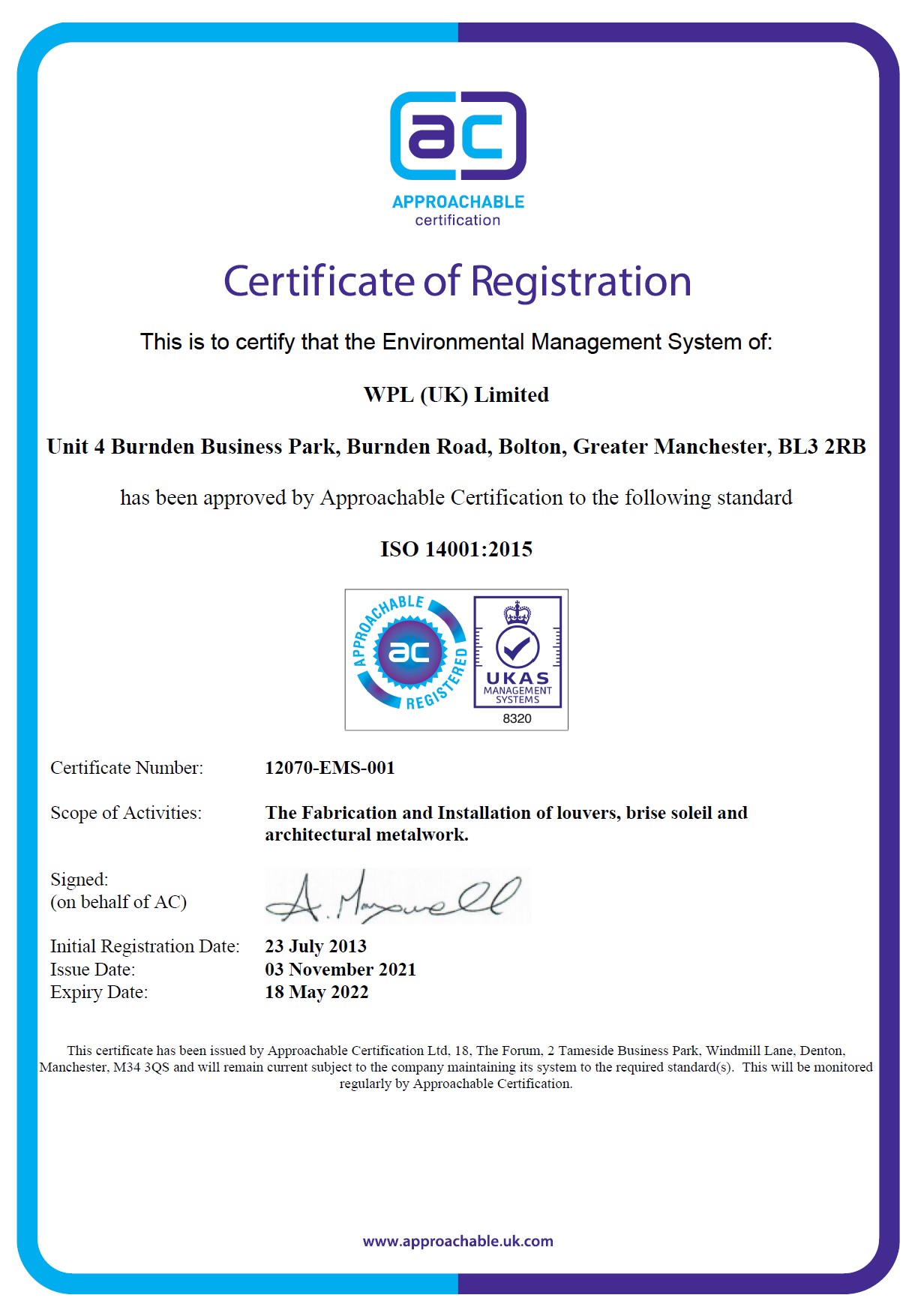 WPLUK ISO14001 2015 Certification to 18th May 2022 larger image