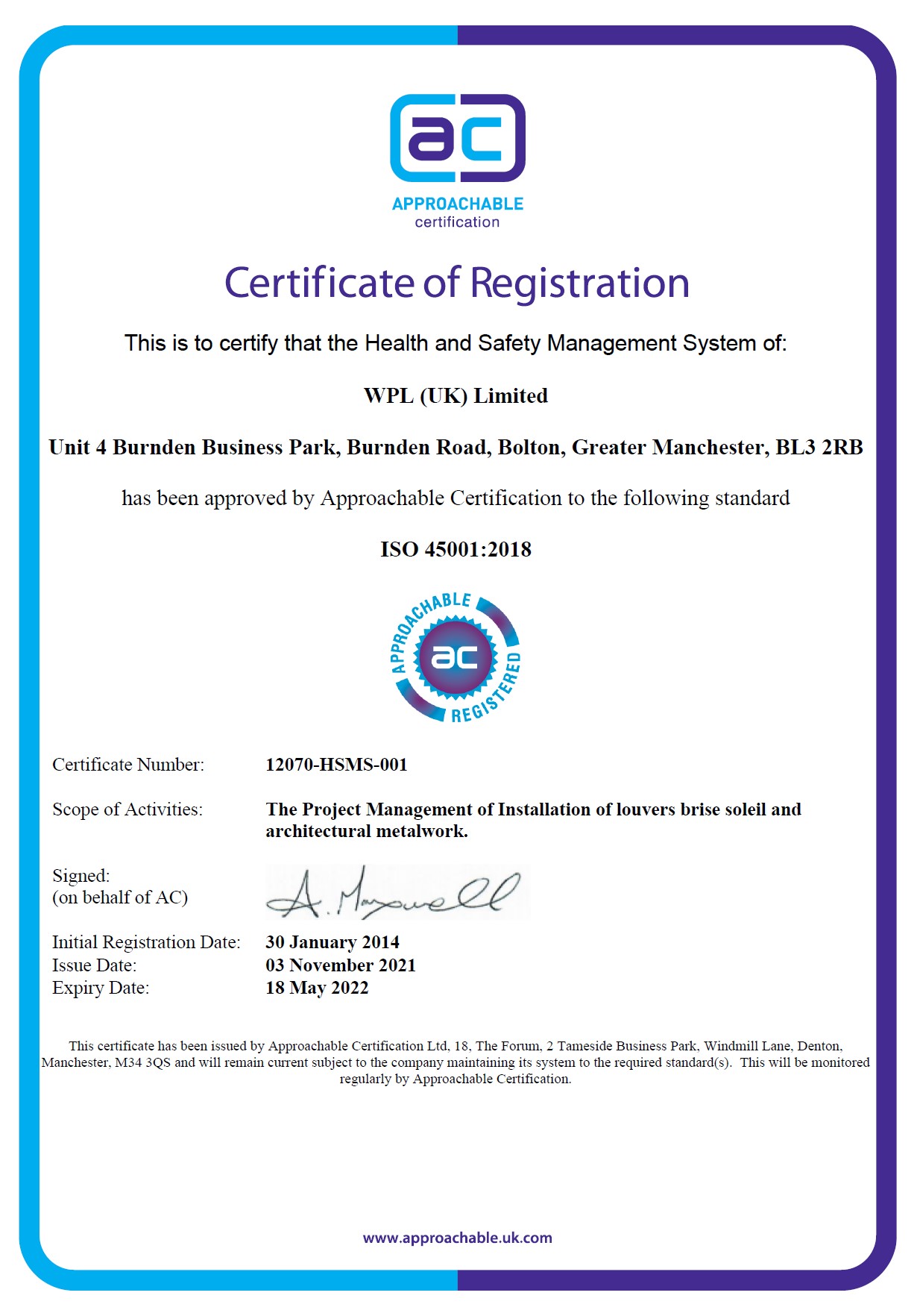 WPLUK ISO 45001 2018 Certification to 18th May 2022