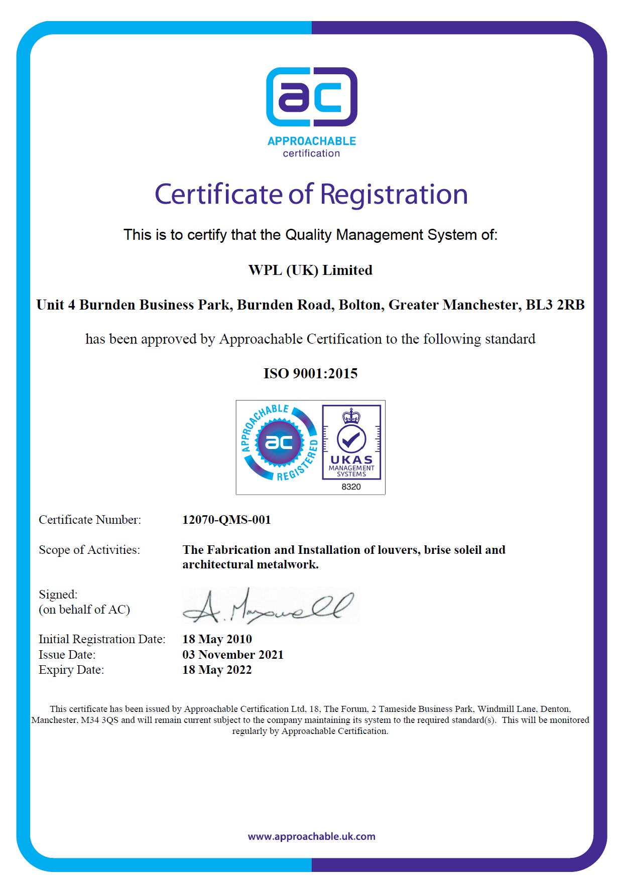 WPLUK ISO9001 2015 Certification to 18th May 2022