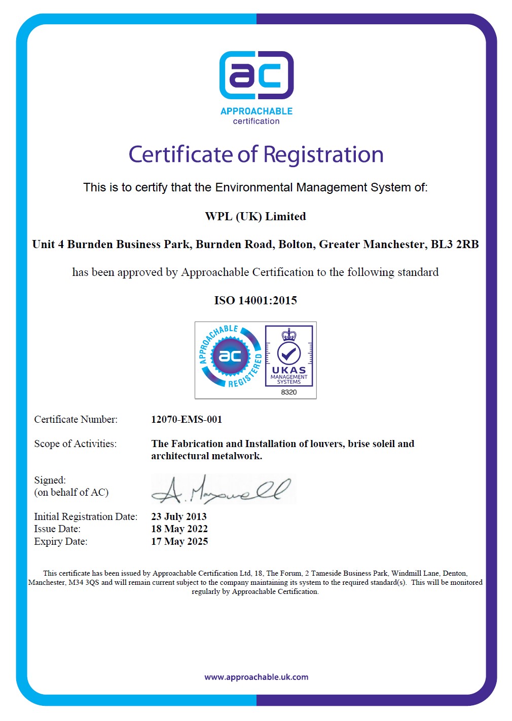 WPLUK ISO14001 2015 Certification to 17th May 2025 larger image