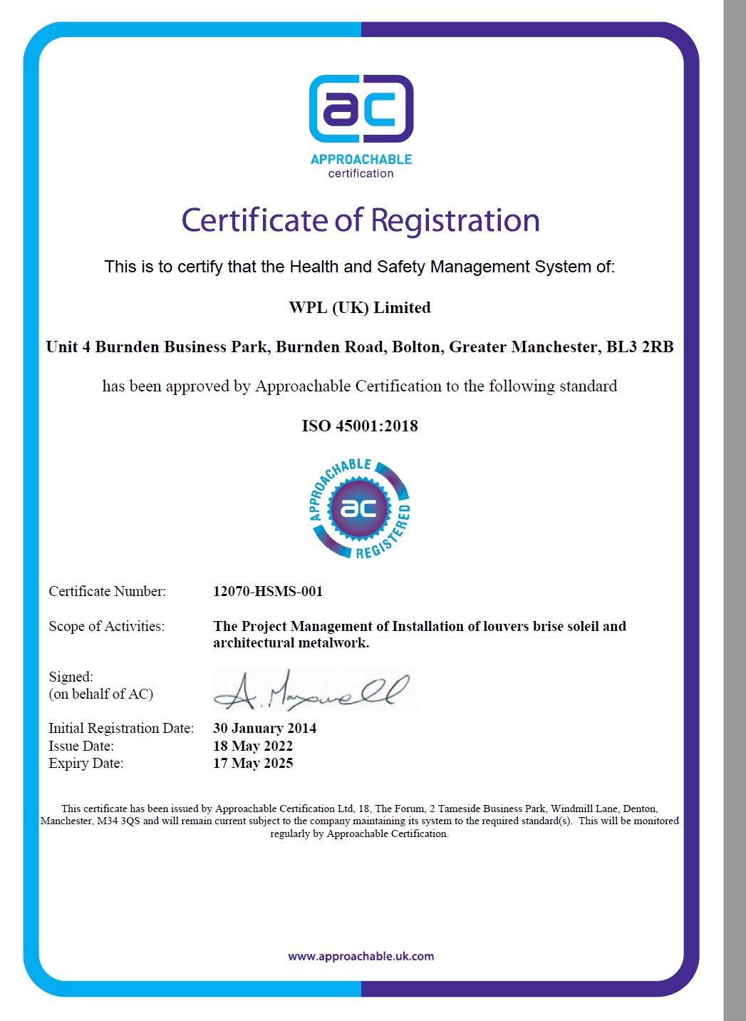 WPLUK ISO 45001 2018 Certification to 17th May 2025