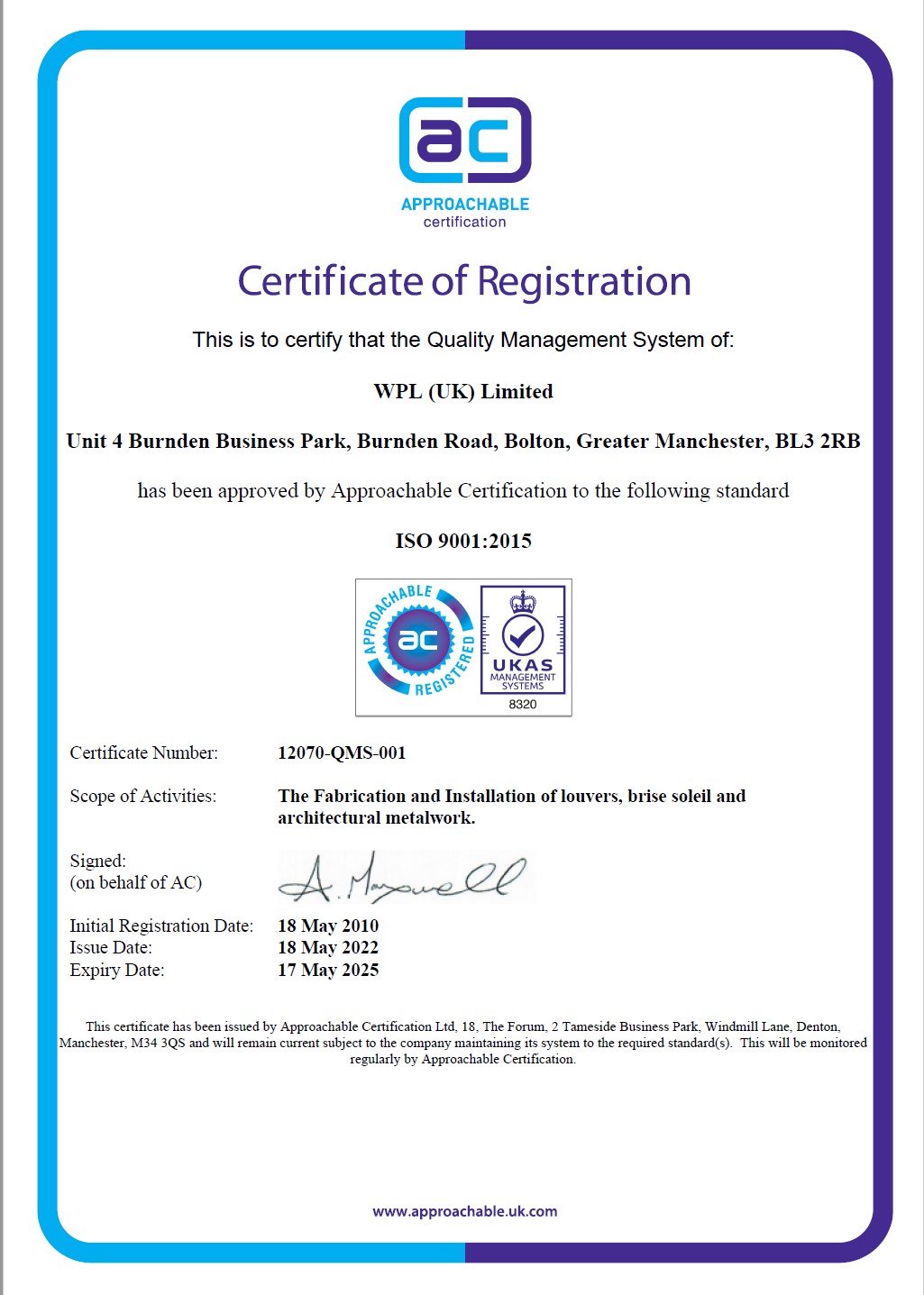 WPLUK ISO9001 2015 Certification to 17th May 2025 larger image