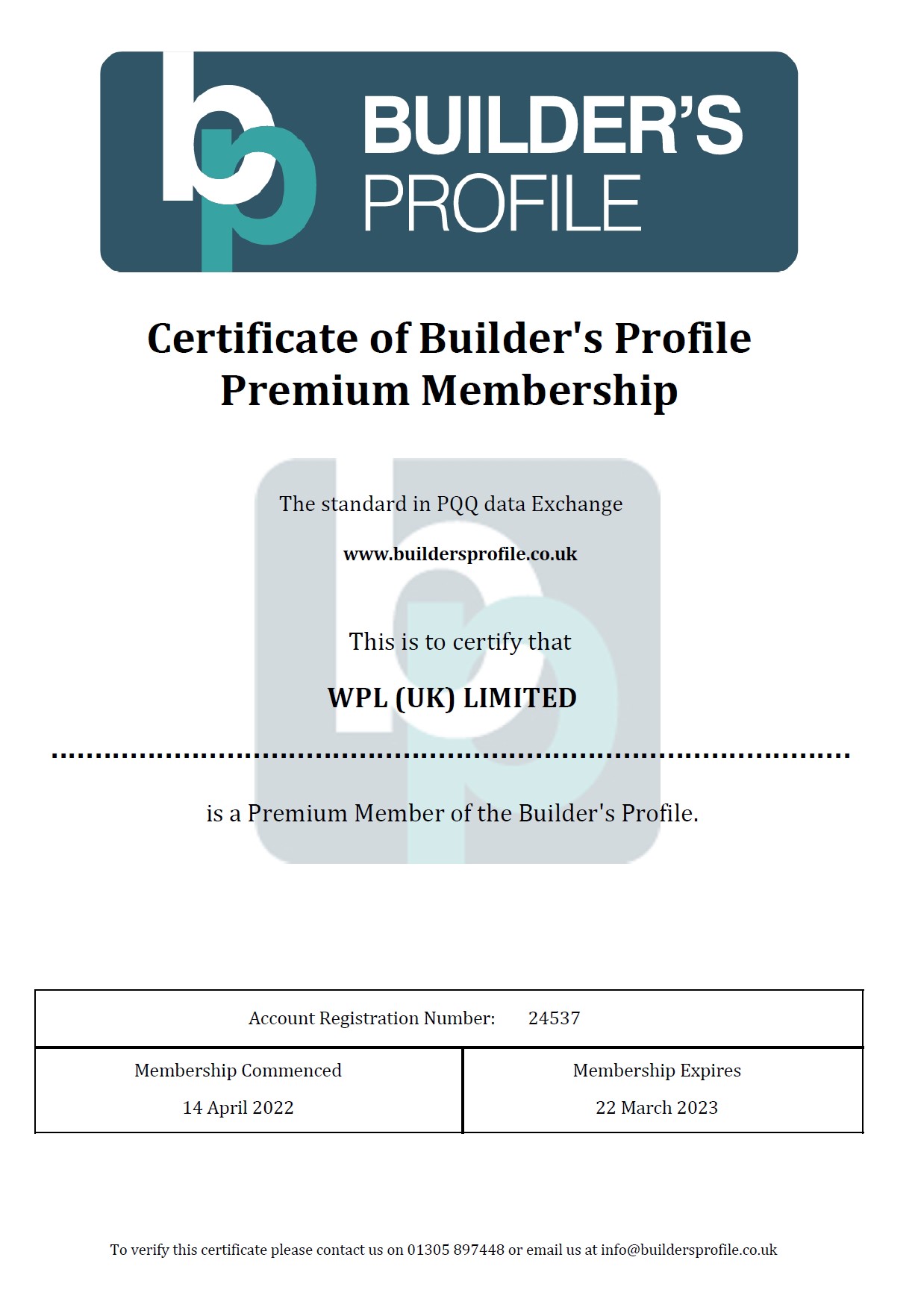 WPLUK Builder's Profile Premium Membership Certificate to 22nd March 2023