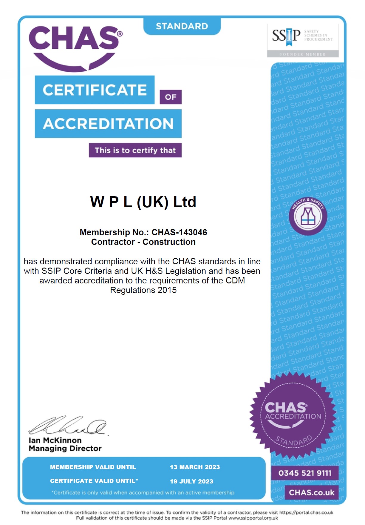 WPLUK CHAS SSIP Certification to 19th July 2023 larger image