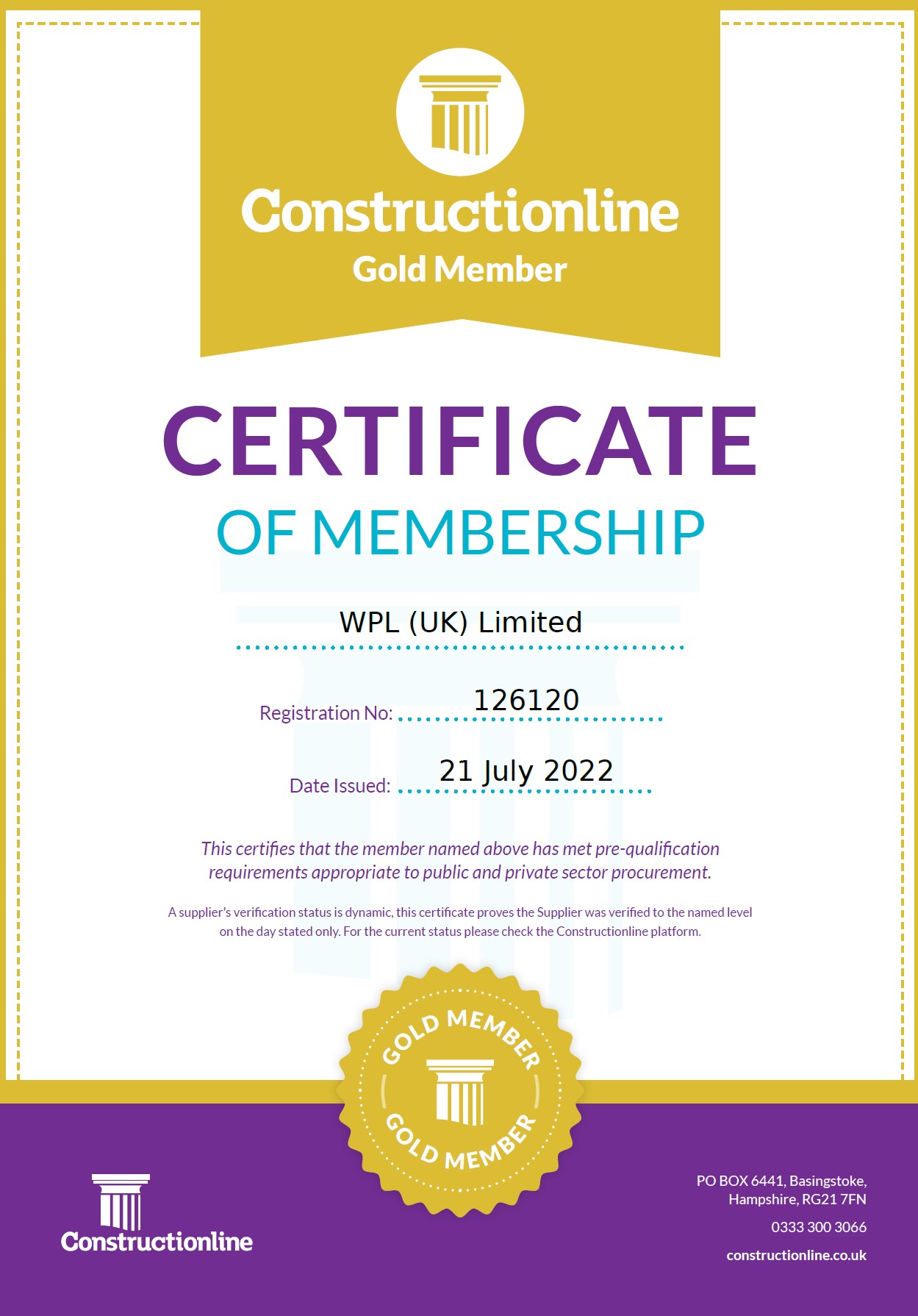 WPLUK Constructionline GOLD Certificate Issued 21st July 2022