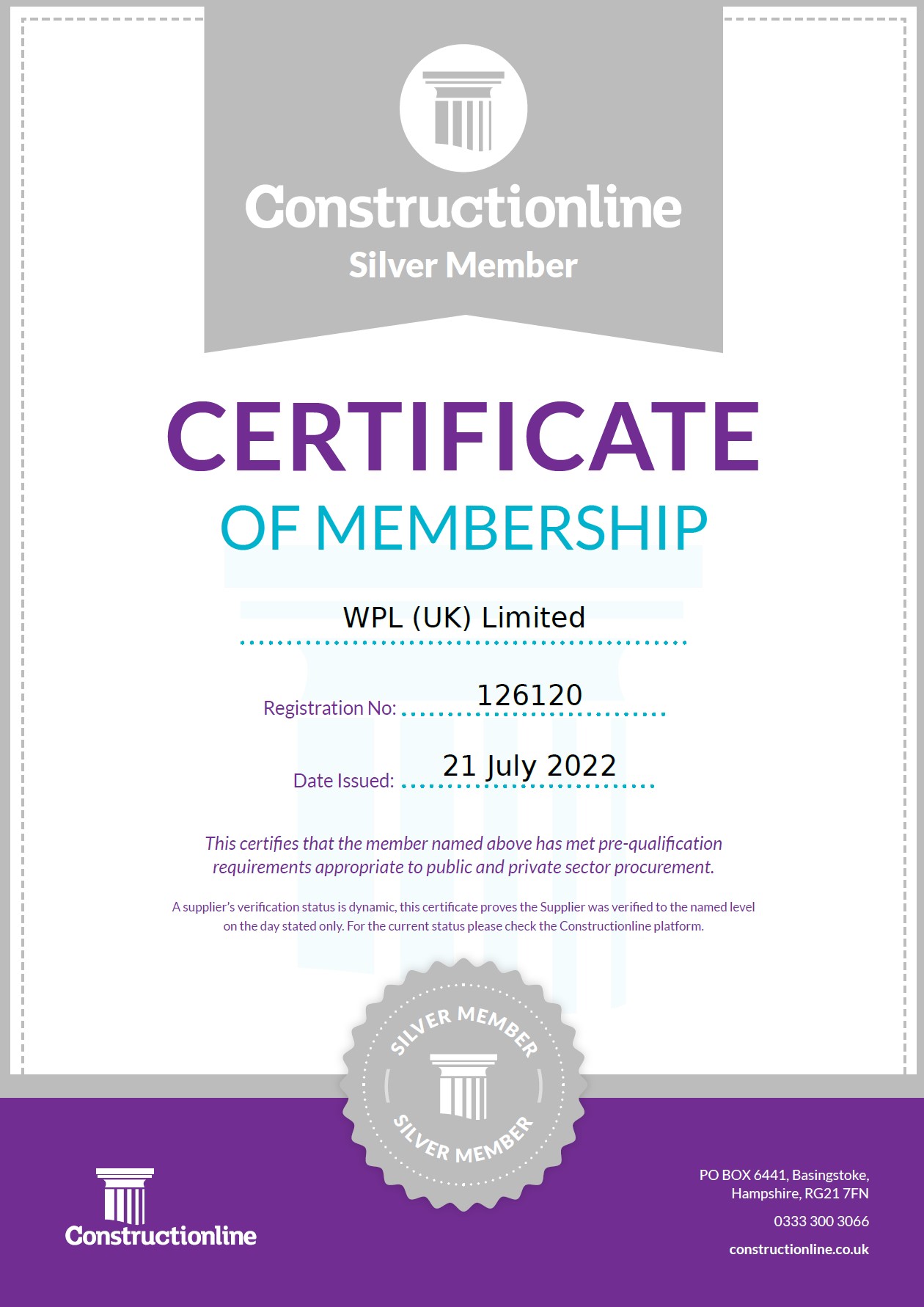 WPLUK Constructionline SILVER Certificate Issued 21st July 2022