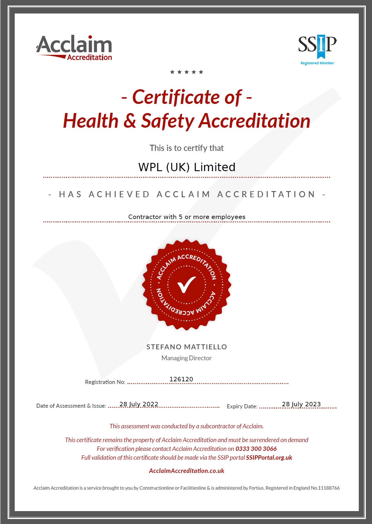 WPLUK SSIP Acclaim Accreditation 28th July 2023