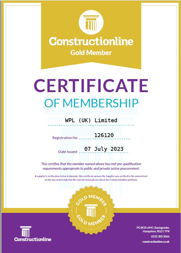 WPLUK Constructionline GOLD Certificate Issued 7th July 2023