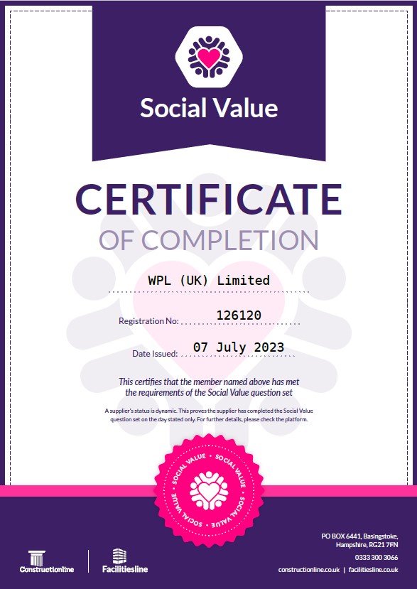 WPLUK Constructionline Social Value Certificate Issued 7th July 2023 larger image